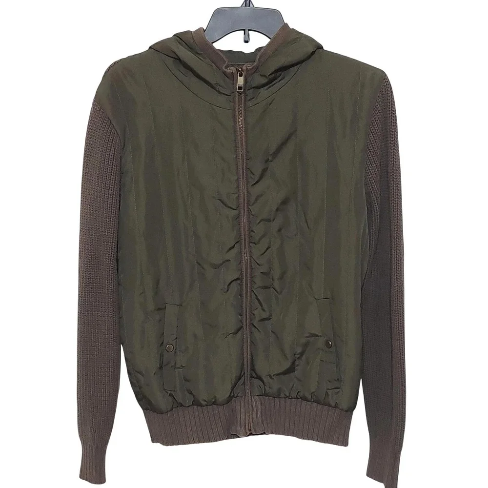 Marc New York Andrew Marc Mens Olive‎ Green Hybrid Quilted Knit Hooded Jacket M